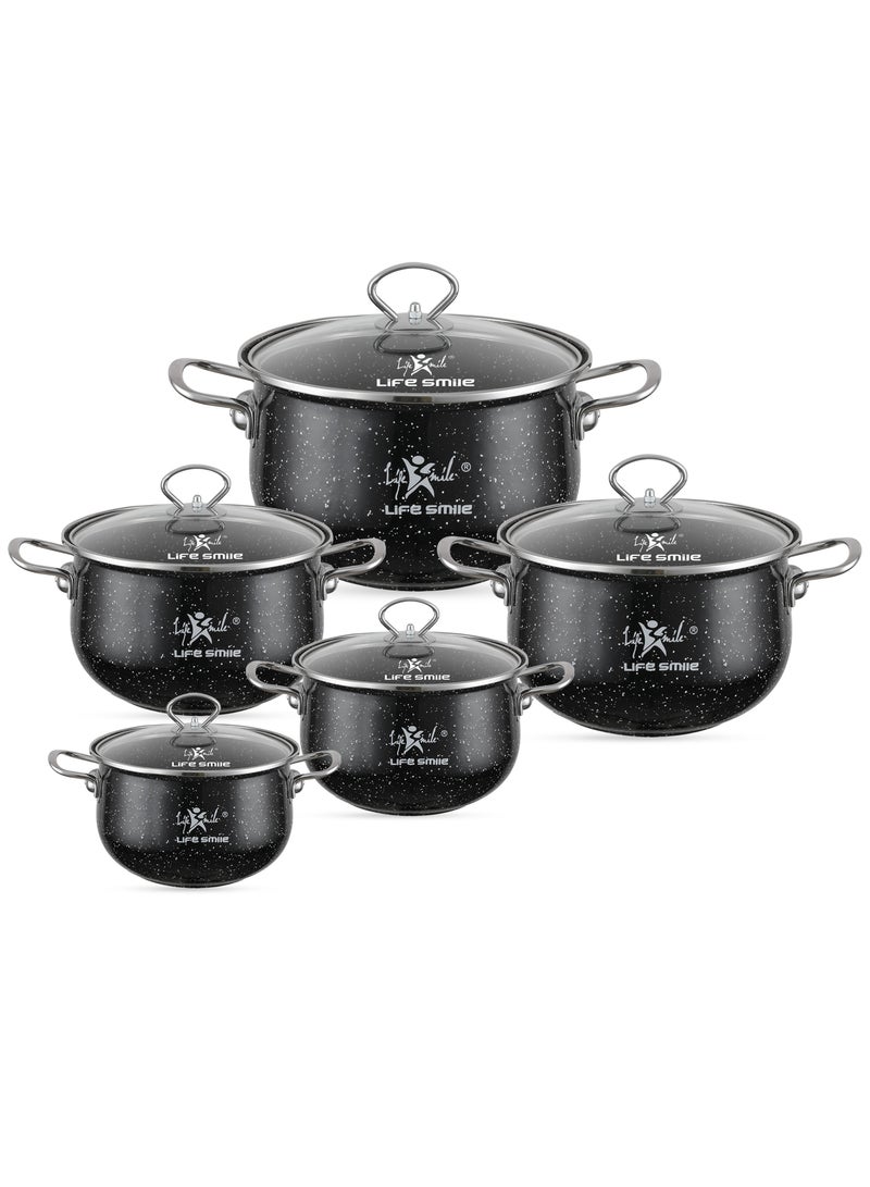 Life Smile طقم أواني الطهي المينا بنمط الرخام 10 قطع - طقم مطبخ من القدور مع أغطية زجاجية، خالي 100% من PFOA وآمن، وعاء شوربة متعدد الوظائف للموقد الكهربائي والغاز - Image 1