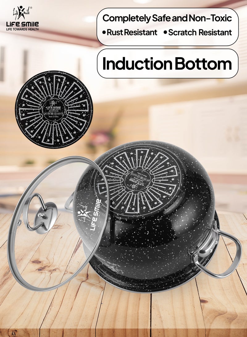 Life Smile طقم أواني الطهي المينا بنمط الرخام 10 قطع - طقم مطبخ من القدور مع أغطية زجاجية، خالي 100% من PFOA وآمن، وعاء شوربة متعدد الوظائف للموقد الكهربائي والغاز - Image 2