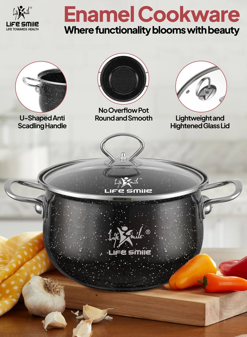 Life Smile طقم أواني الطهي المينا بنمط الرخام 10 قطع - طقم مطبخ من القدور مع أغطية زجاجية، خالي 100% من PFOA وآمن، وعاء شوربة متعدد الوظائف للموقد الكهربائي والغاز - Image 3