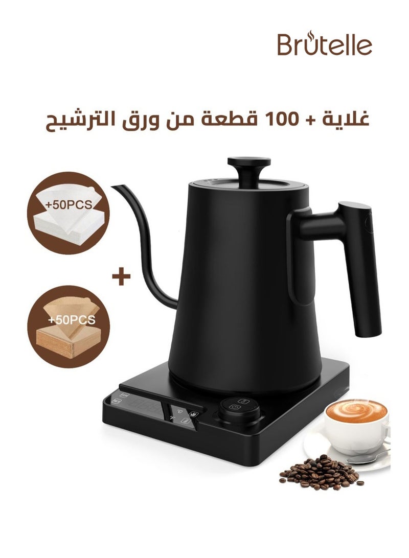 بريتيل غلاية فوهة طويلة V60 غلاية قهوة 1000 مل 1200 واط مع مقبض لضبط درجة الحرارة وشاشة رقمية لعرض درجة الحرارة وعزل تلقائي، مصنوعة من مادة فولاذ مقاوم للصدأ مع جسم غلاية دائري، مع فلتر قهوة V60 بحجم 02 أبيض 50 قطعة وبني 50 قطعة - Image 1