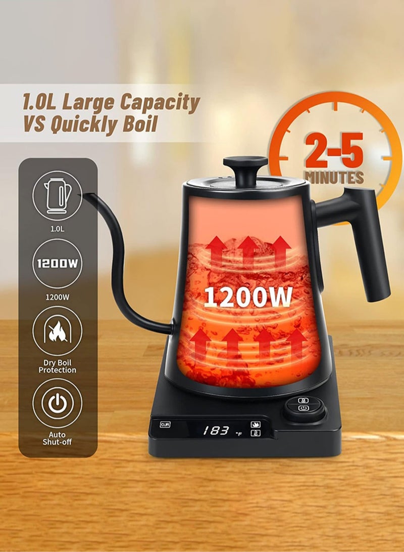 بريتيل غلاية فوهة طويلة V60 غلاية قهوة 1000 مل 1200 واط مع مقبض لضبط درجة الحرارة وشاشة رقمية لعرض درجة الحرارة وعزل تلقائي، مصنوعة من مادة فولاذ مقاوم للصدأ مع جسم غلاية دائري، مع فلتر قهوة V60 بحجم 02 أبيض 50 قطعة وبني 50 قطعة - Image 4