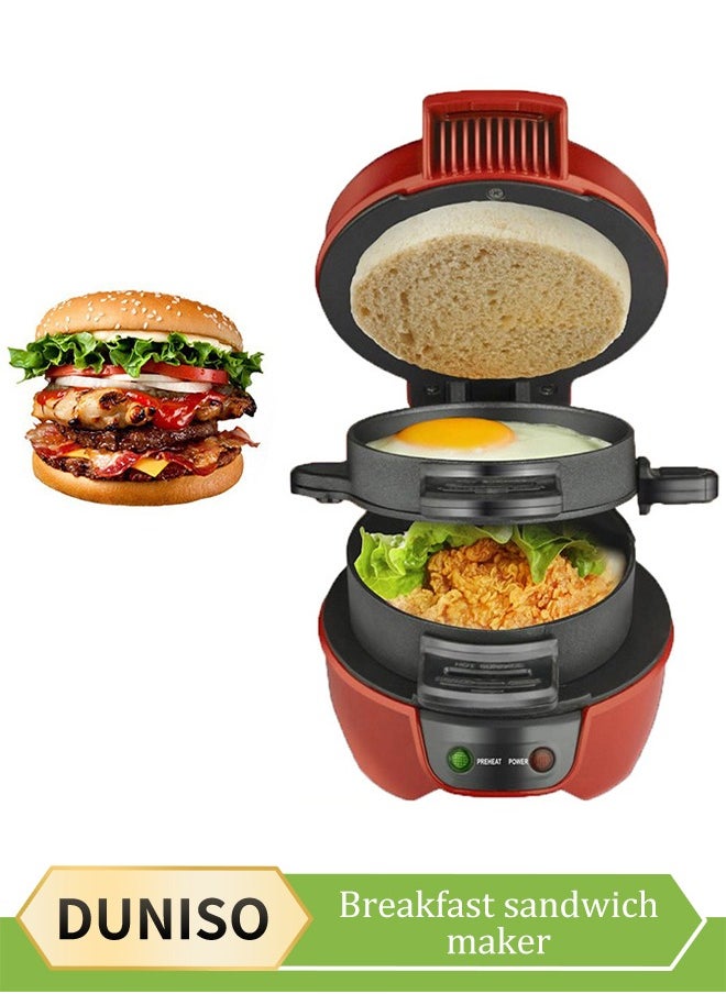 DUNISO Burger Maker, non stick multifunctional burger fried egg steak breakfast machine, sandwich toaster, easy to use, suitable for 2 to 3 people, suitable for hamburgers, pancakes, waffles, red  - Image 1