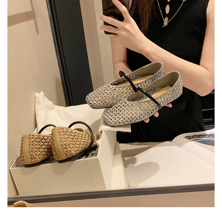 Women's Flat Square Toe Mesh Woven Sandals - Image 1