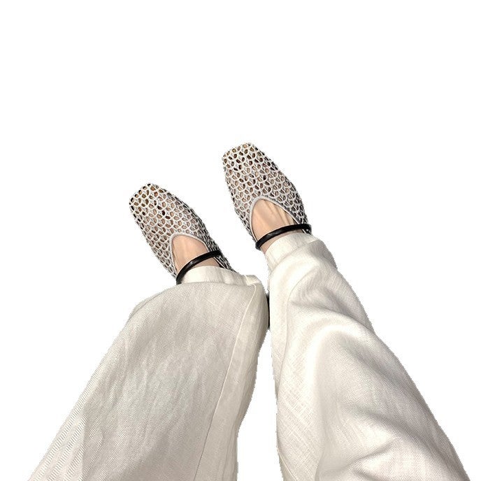Women's Flat Square Toe Mesh Woven Sandals - Image 3
