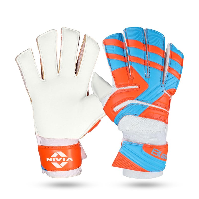 Nivia Blaze Synthetic Goalkeeper Gloves (Size S) Orange Blue Positive Roll Hybrid Cut Extra Grip Football Gloves Men and Women - Image 1
