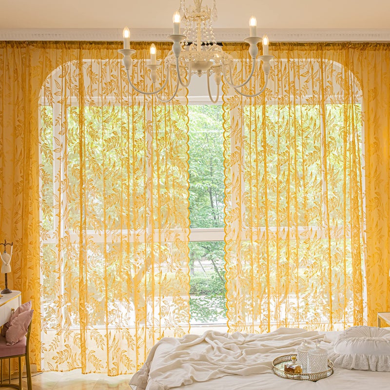 Sutuo Home Gold Lace Curtains 84 Inches Long for Bedroom Living Room, Leaf Embroidery Window Sheer Drapes Pair Knitted, Rod Pocket Vintage Country Window Treatments Set of 2 Panels, 57" W x 84" L - Image 2