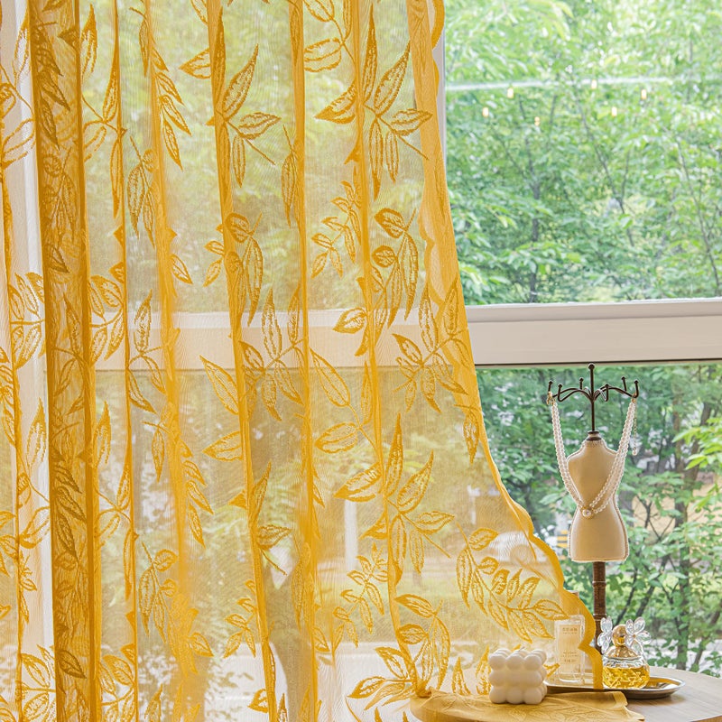 Sutuo Home Gold Lace Curtains 84 Inches Long for Bedroom Living Room, Leaf Embroidery Window Sheer Drapes Pair Knitted, Rod Pocket Vintage Country Window Treatments Set of 2 Panels, 57" W x 84" L - Image 1