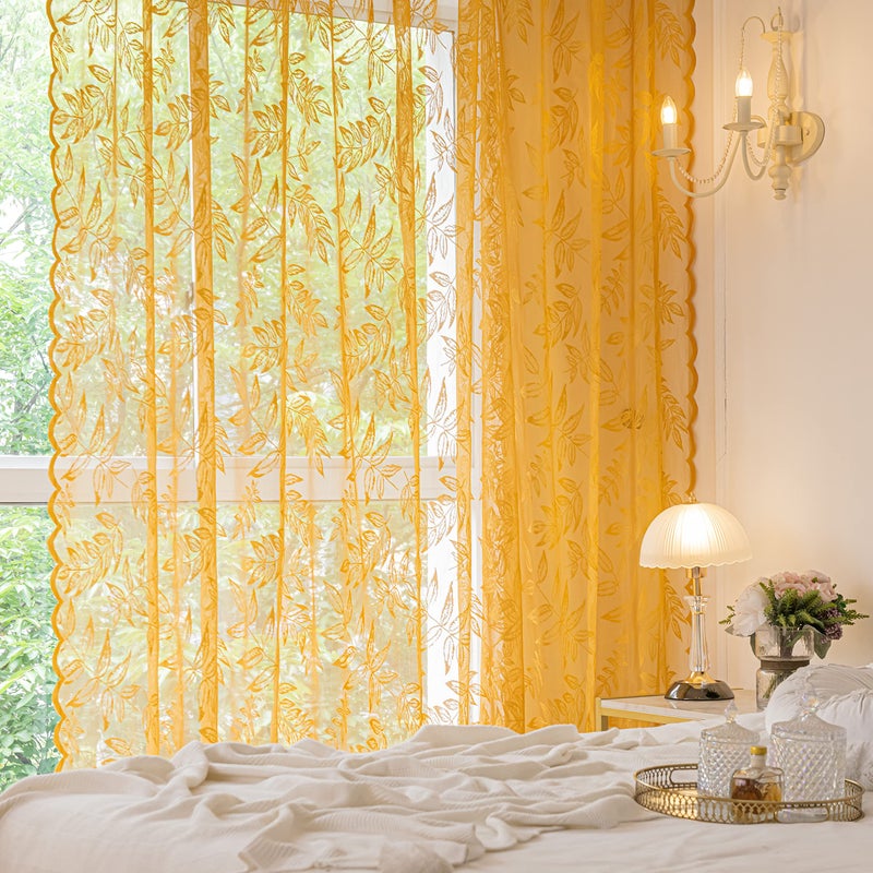 Sutuo Home Gold Lace Curtains 84 Inches Long for Bedroom Living Room, Leaf Embroidery Window Sheer Drapes Pair Knitted, Rod Pocket Vintage Country Window Treatments Set of 2 Panels, 57" W x 84" L - Image 5