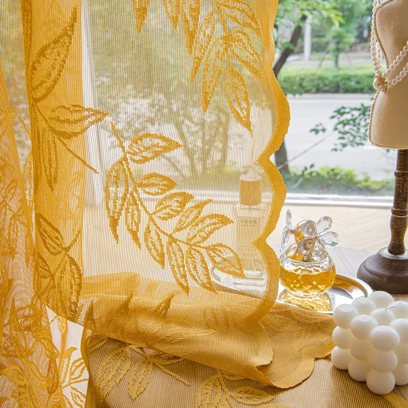 Sutuo Home Gold Lace Curtains 84 Inches Long for Bedroom Living Room, Leaf Embroidery Window Sheer Drapes Pair Knitted, Rod Pocket Vintage Country Window Treatments Set of 2 Panels, 57" W x 84" L - Image 4