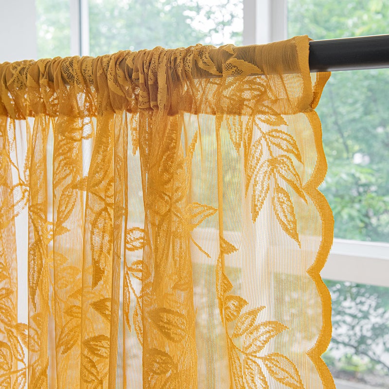 Sutuo Home Gold Lace Curtains 84 Inches Long for Bedroom Living Room, Leaf Embroidery Window Sheer Drapes Pair Knitted, Rod Pocket Vintage Country Window Treatments Set of 2 Panels, 57" W x 84" L - Image 3