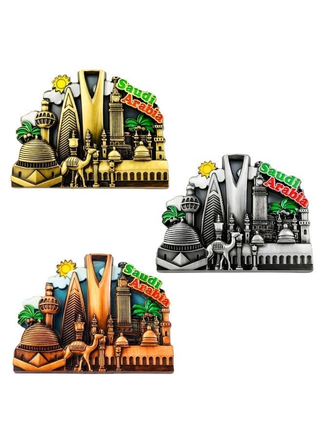 ARAB SOUVENIRS 3pcs Set Premium Saudi Arabia Metal Fridge Magnet – Iconic Landmarks Design Featuring Kingdom Tower, Faisaliyah, Abraj Al Bait, Camels & Palm Trees – Souvenir Gift for Tourists, Collectors - Image 1