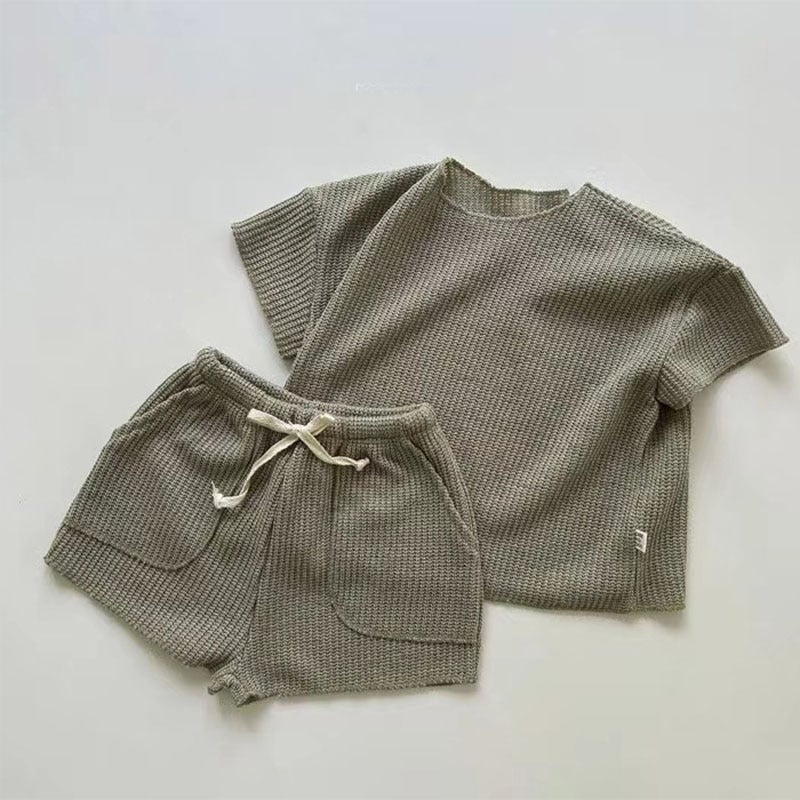 Korean-style Baby Childrens Clothing Fashion Casual Short-sleeved Home Clothes suit Baby Loose Sports Set Two-piece Set Dark green 