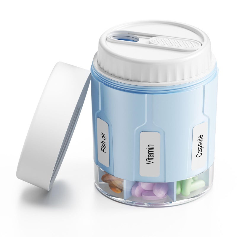 Daviky Pill Bottle Organizer Supplement Organizer with 7 Large Compartments Travel Pill Dispenser Round Pill Box with Two LidsBlue