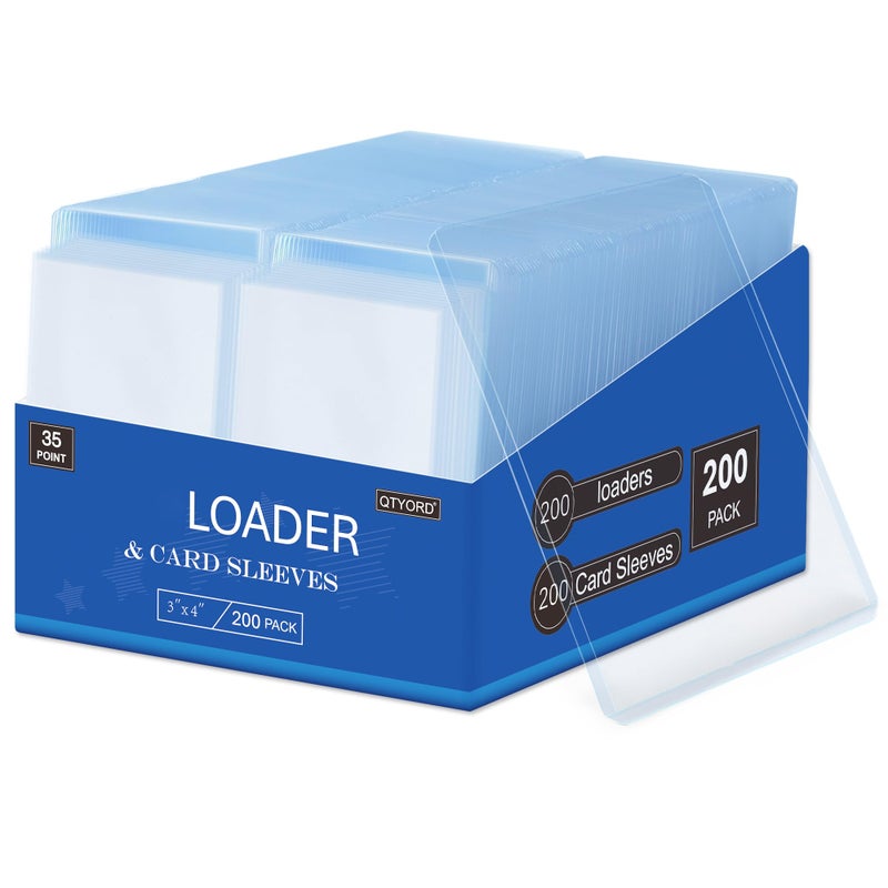 QTYORD 400Pcs Loaders for Cards (200Pcs Hard Plastic Card Holders & 200Pcs Penny Card Sleeves) 3" x 4", Card Protector Sleeves for Baseball Football Sports Cards, Trading Cards Blue - Image 1