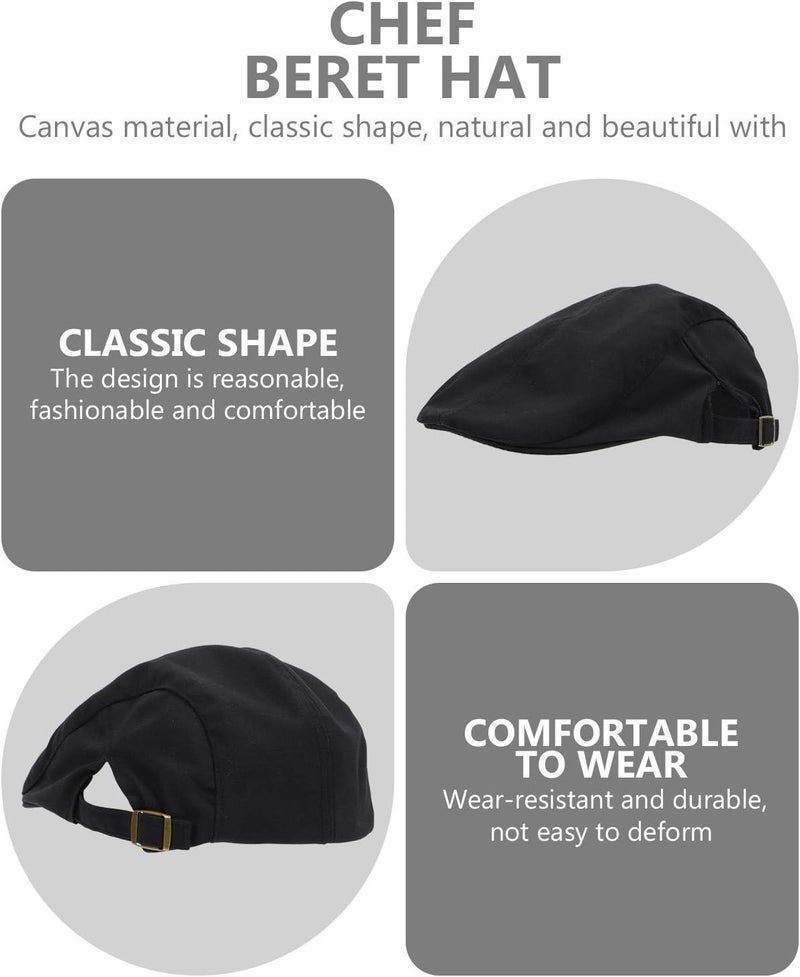Chef Beret Hat Canvas Cabbie Cap Unisex Restaurant Waiter Beret for Food Service Kitchen Cooking Black - Image 3