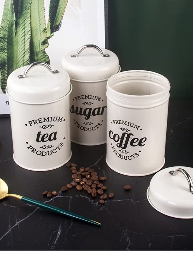 TaqwaMart 3-Piece Vintage Airtight Kitchen Containers Decorations with Lids Portable Coffee Tea Sugar Set Metal Canister Can Pot Decorative Kitchen Canister Jars Food Storage (white) - Image 2