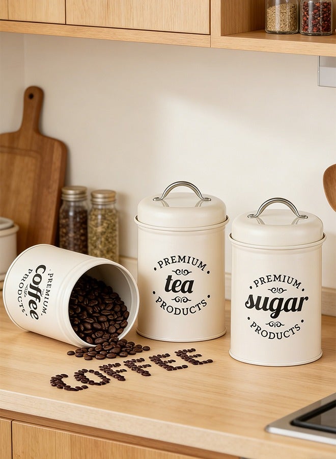 TaqwaMart 3-Piece Vintage Airtight Kitchen Containers Decorations with Lids Portable Coffee Tea Sugar Set Metal Canister Can Pot Decorative Kitchen Canister Jars Food Storage (white) - Image 1