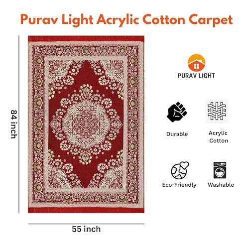Purav Light Home Decor Cotton Carpets for Living Room 5x7 feet Multi-Use Flower Design Carpet Mats (Red Colour) - Image 4