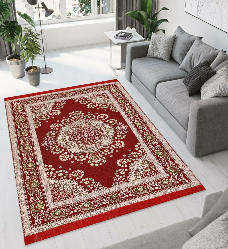 Purav Light Home Decor Cotton Carpets for Living Room 5x7 feet Multi-Use Flower Design Carpet Mats (Red Colour) - Image 5
