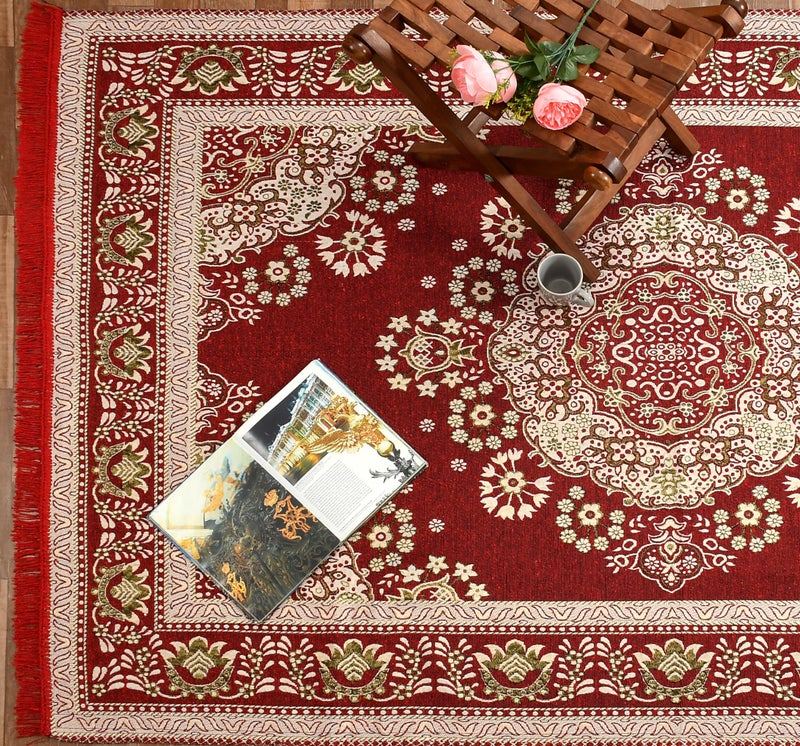 Purav Light Home Decor Cotton Carpets for Living Room 5x7 feet Multi-Use Flower Design Carpet Mats (Red Colour) - Image 1