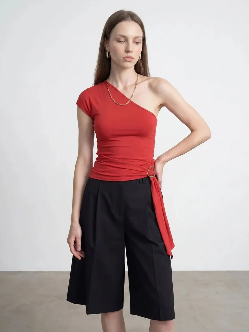ديلفين Dilvin Slim Fit Off-Shoulder Jersey Blouse With Tie Detail