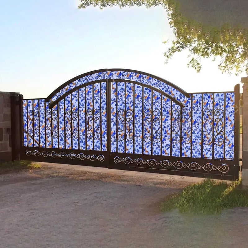 MAHIRA POLYGLOBAL LLP MAHIRA Polypropylene Gate Sheet Car Parking Sheet Grill Sheet Gate Covering Sheet Balcony Safety Sheet Privacy Sheet Blue Flowers Printed Design UV Resistant 4 feet x 10 feet