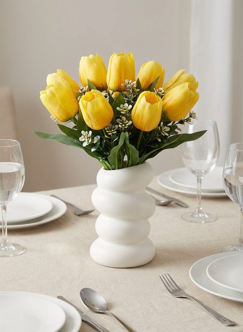 YASMINARA 10 Blossoms Artificial Tulips in Vase, Silk Fake Flowers with White Plastic Planter, Set of 2 Bouquets (5 Heads Each) for Home Decor, Table Centerpiece, Office Desk, Bedroom - Vibrant Yellow, No Fade - Image 1