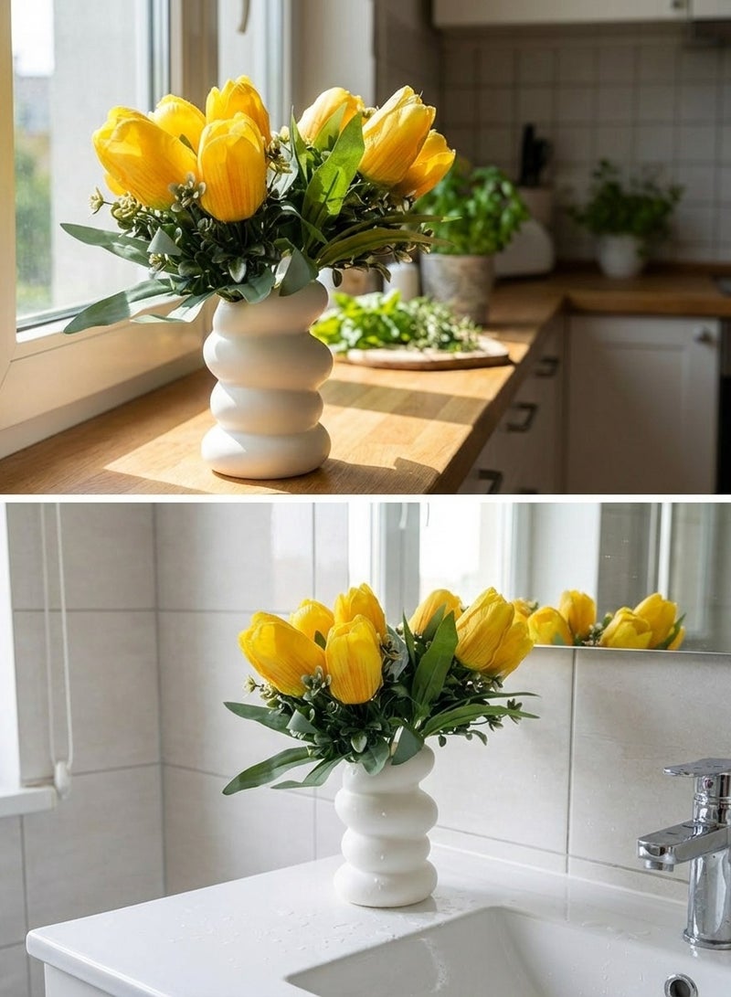 YASMINARA 10 Blossoms Artificial Tulips in Vase, Silk Fake Flowers with White Plastic Planter, Set of 2 Bouquets (5 Heads Each) for Home Decor, Table Centerpiece, Office Desk, Bedroom - Vibrant Yellow, No Fade - Image 2