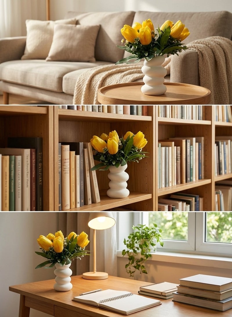 YASMINARA 10 Blossoms Artificial Tulips in Vase, Silk Fake Flowers with White Plastic Planter, Set of 2 Bouquets (5 Heads Each) for Home Decor, Table Centerpiece, Office Desk, Bedroom - Vibrant Yellow, No Fade - Image 3