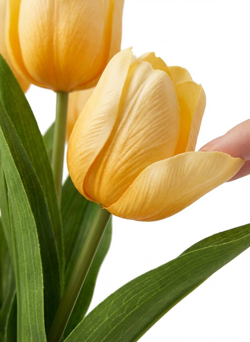 YASMINARA 10 Blossoms Artificial Tulips in Vase, Silk Fake Flowers with White Plastic Planter, Set of 2 Bouquets (5 Heads Each) for Home Decor, Table Centerpiece, Office Desk, Bedroom - Vibrant Yellow, No Fade - Image 4