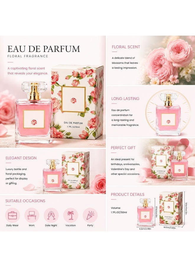 عطر أو دو بارفان نسائي 50 مل برائحة الورد الأنيقة، عطر زهري نسائي ثابت يدوم طويلاً، هدية جميلة للاستخدام اليومي والحفلات والمناسبات - Image 3