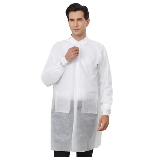Greenour Disposable Lab Coats for Adults with Pockets White Lab Jackets with Knitted Cuffs and Collar Pack of 10 (Large) - Image 3