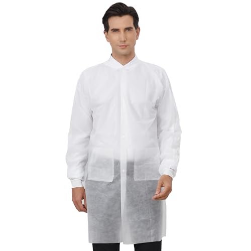 Greenour Disposable Lab Coats for Adults with Pockets White Lab Jackets with Knitted Cuffs and Collar Pack of 10 (Large) - Image 2