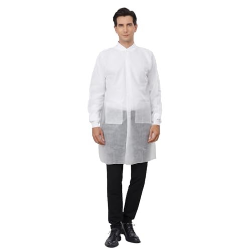 Greenour Disposable Lab Coats for Adults with Pockets White Lab Jackets with Knitted Cuffs and Collar Pack of 10 (Large) - Image 4