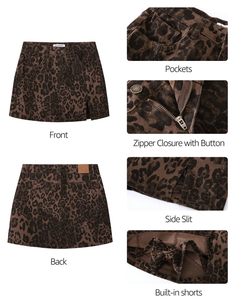 luvamia Skorts for Woman Leopard Cheetah Print Mini Skirt with Shorts High Waisted Trendy Cute Stretchy Side Slit Trendy Skirts for Women Brown Leopard Large US Size 12-14 - Image 5