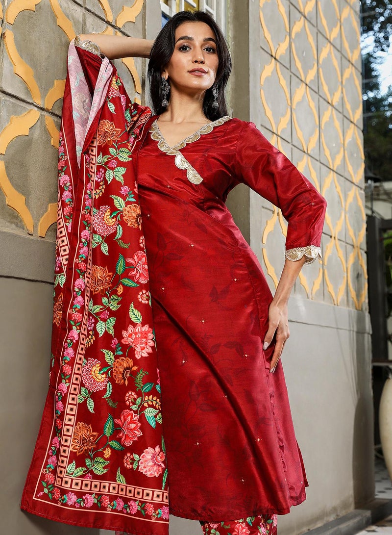 QISSA Women's Crimson Red Botanical Block Kurta With Trousers & Dupatta - Image 5