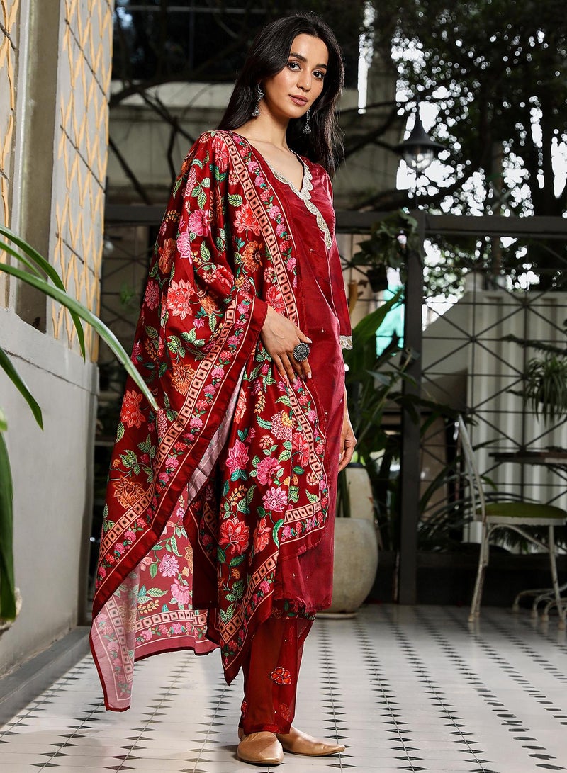 QISSA Women's Crimson Red Botanical Block Kurta With Trousers & Dupatta - Image 3