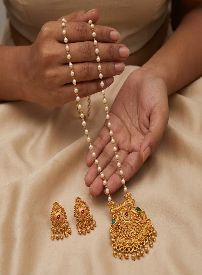 طقم عقد لؤلؤ تقليدي مطلي بالذهب من AAIKU بطول 30 بوصة | قلادة وأقراط متناسقة بلمسة نهائية عتيقة غير لامعة للنساء والفتيات، مجوهرات أنيقة - Image 4