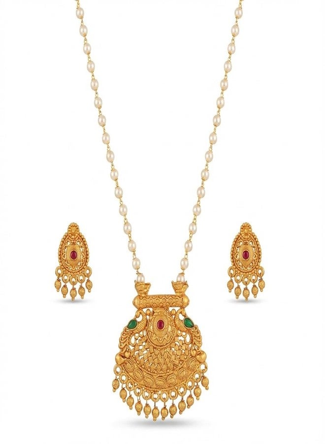 طقم عقد لؤلؤ تقليدي مطلي بالذهب من AAIKU بطول 30 بوصة | قلادة وأقراط متناسقة بلمسة نهائية عتيقة غير لامعة للنساء والفتيات، مجوهرات أنيقة - Image 1