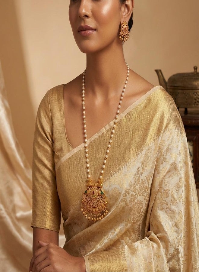 طقم عقد لؤلؤ تقليدي مطلي بالذهب من AAIKU بطول 30 بوصة | قلادة وأقراط متناسقة بلمسة نهائية عتيقة غير لامعة للنساء والفتيات، مجوهرات أنيقة - Image 2