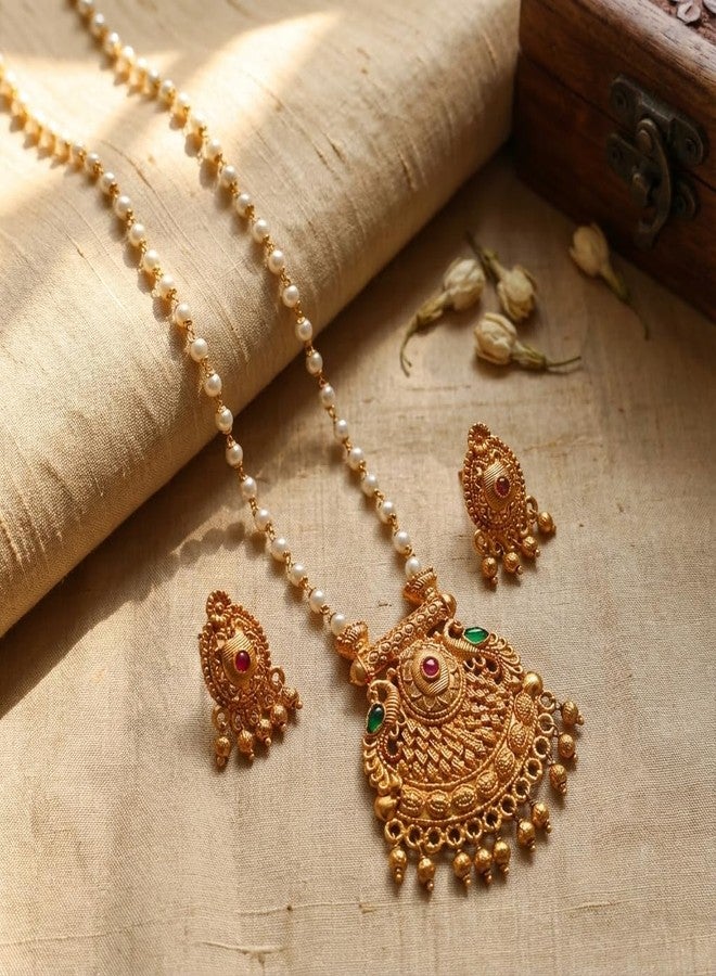 طقم عقد لؤلؤ تقليدي مطلي بالذهب من AAIKU بطول 30 بوصة | قلادة وأقراط متناسقة بلمسة نهائية عتيقة غير لامعة للنساء والفتيات، مجوهرات أنيقة - Image 5