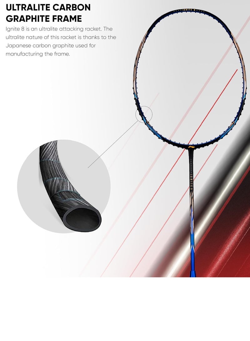 لي-نينج مضرب تنس الريشة Li-Ning Ignite 8 الياباني المصنوع من الكربون والجرافيت مع غطاء كامل (أسود/أزرق/ذهبي قديم، 77 جرامًا) - Image 5