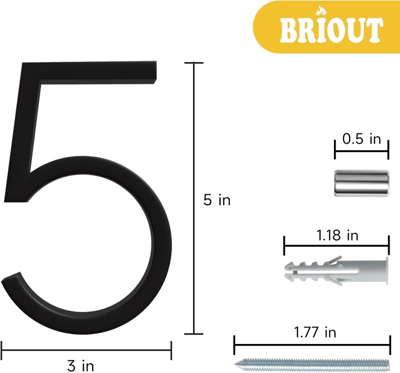 Briout 5" Modern House Numbers for Outside, Address Numbers for House with Nail Kits, Zinc Alloy Exterior House Numbers for Home Door Garden Street, High Gloss Black (5) - Image 2