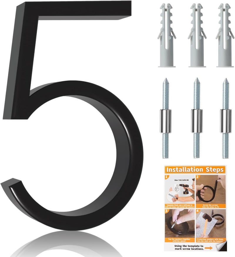 Briout 5" Modern House Numbers for Outside, Address Numbers for House with Nail Kits, Zinc Alloy Exterior House Numbers for Home Door Garden Street, High Gloss Black (5) - Image 1