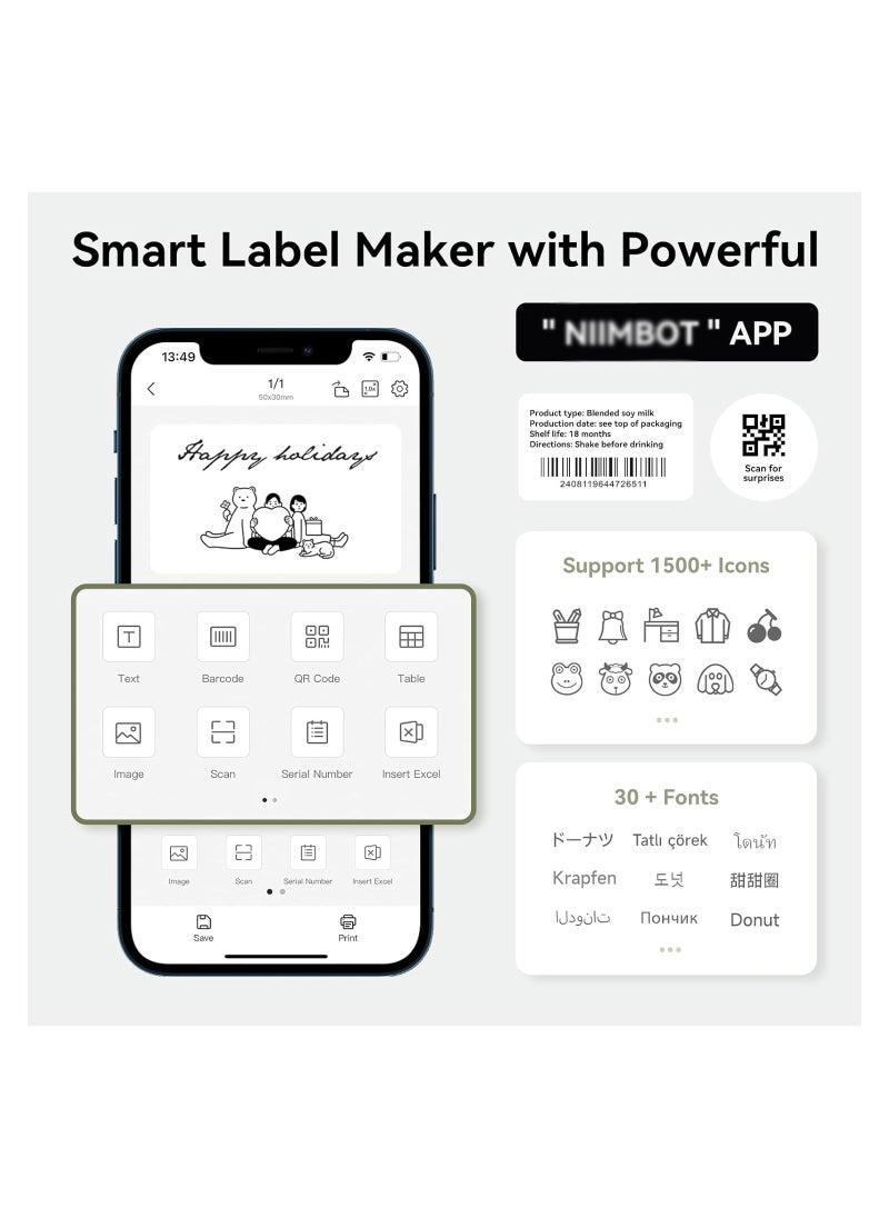 B1 Bluetooth Thermal Label Maker, 2-Inch Label Printer with 2'' x 1.18'' Labels, Compatible with iOS, Android, and PC - Perfect for Home, Office, Business, and Holiday Gifts.