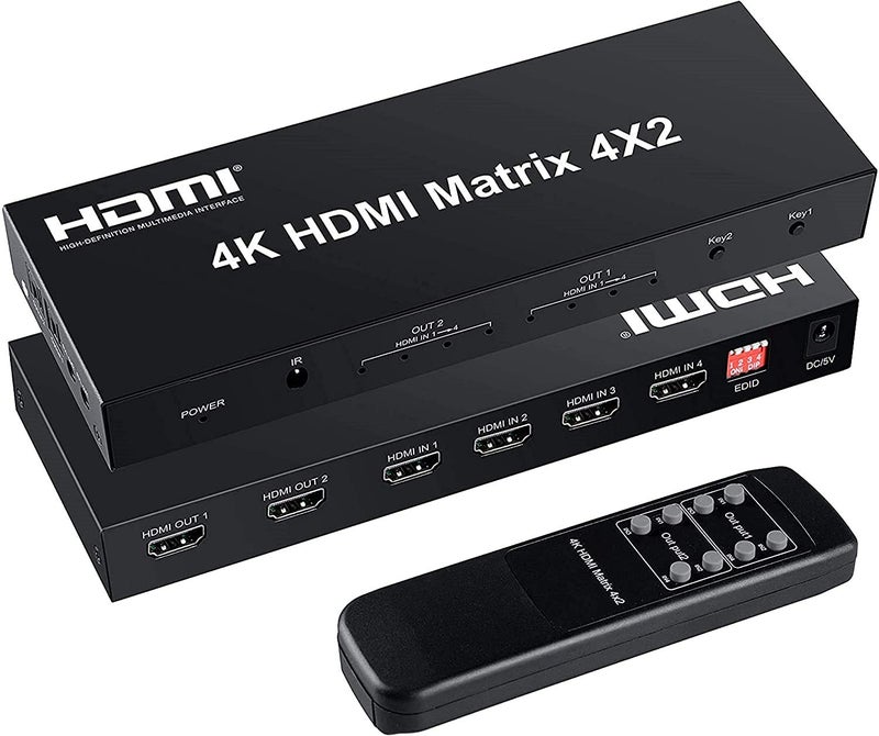 Tobo 4x2 HDMI Matrix Switch,4 in 2 Out Matrix HDMI Video Switcher Splitter +Optical & L/R Audio Output,Support,Audio EDID Extractor with IR Remote Control &Power Adapter-TD-485H. - Image 1