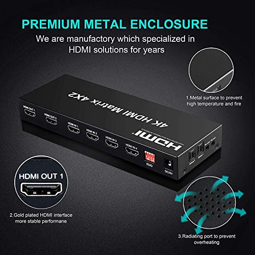 Tobo 4x2 HDMI Matrix Switch,4 in 2 Out Matrix HDMI Video Switcher Splitter +Optical & L/R Audio Output,Support,Audio EDID Extractor with IR Remote Control &Power Adapter-TD-485H. - Image 3