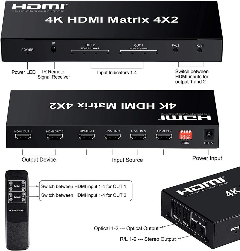 Tobo 4x2 HDMI Matrix Switch,4 in 2 Out Matrix HDMI Video Switcher Splitter +Optical & L/R Audio Output,Support,Audio EDID Extractor with IR Remote Control &Power Adapter-TD-485H. - Image 4