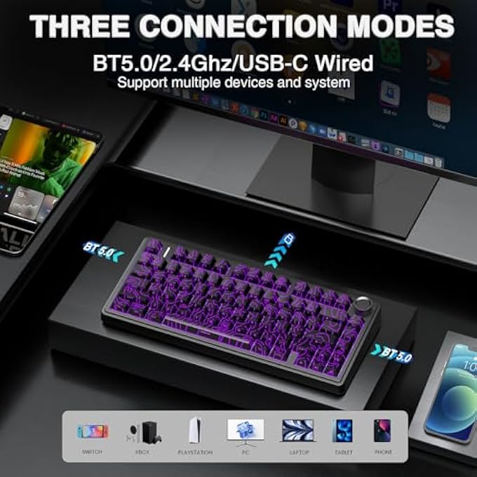 rayihni F75 PRO WIRELESS MECHANICAL KEYBOARD WITH KNOB,75% HOT SWAPPABLE CUSTOM GAMING KEYBOARDS,RGB BACKLIT,PRE-LUBED SWITCHES,SIDE PRINTED PBT KEYCAPS CREAMY SOUNDING COMPUTER KEYBOARD, LINE BLACK - Image 3
