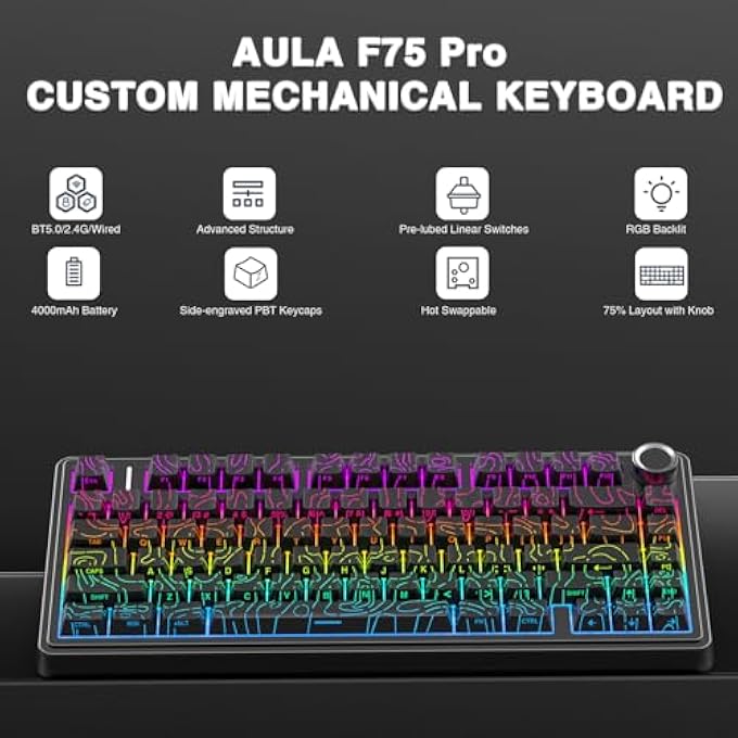 rayihni F75 PRO WIRELESS MECHANICAL KEYBOARD WITH KNOB,75% HOT SWAPPABLE CUSTOM GAMING KEYBOARDS,RGB BACKLIT,PRE-LUBED SWITCHES,SIDE PRINTED PBT KEYCAPS CREAMY SOUNDING COMPUTER KEYBOARD, LINE BLACK - Image 2